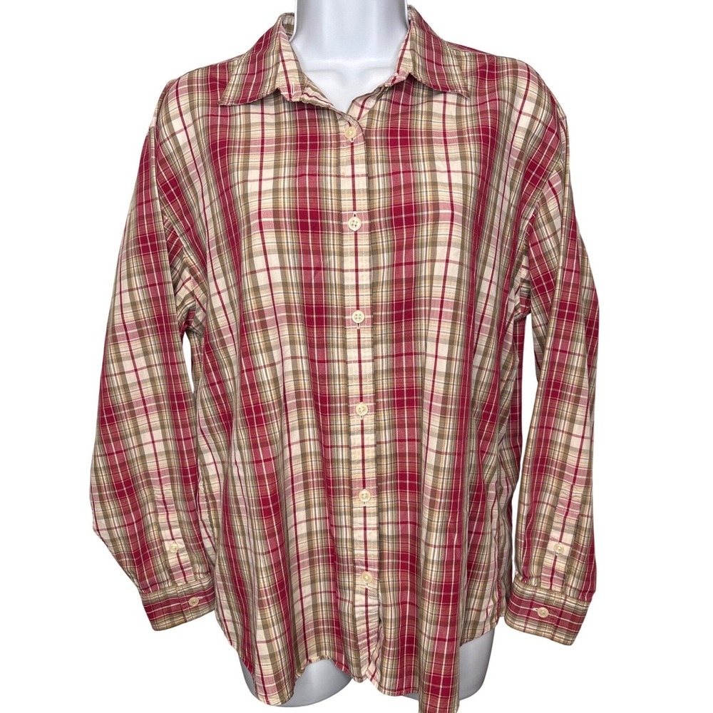 Talbots Womens Red Tan Plaid Button Down Long Sleeve Shirt Sz M Preppy Classic